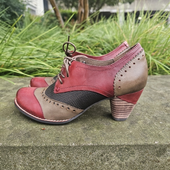 L’artiste Sping‎ Step Bardot Pump Red Brown Leather Heels Oxford Bootie Block - Picture 3 of 8